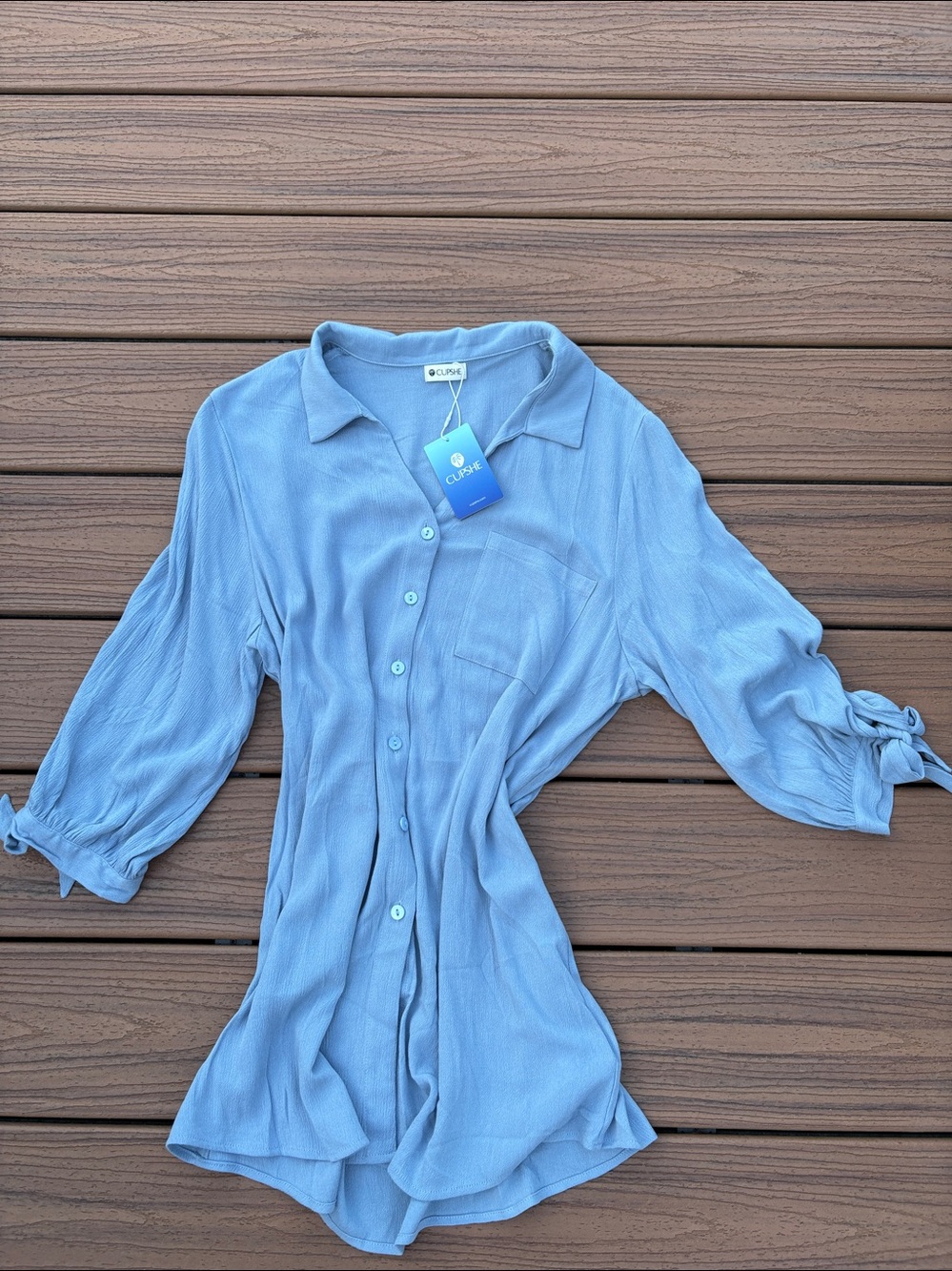 Cupshe Dusty Blue Button-Front Tie-Sleeve Women's Top or Swimsuit Cover Up NWT